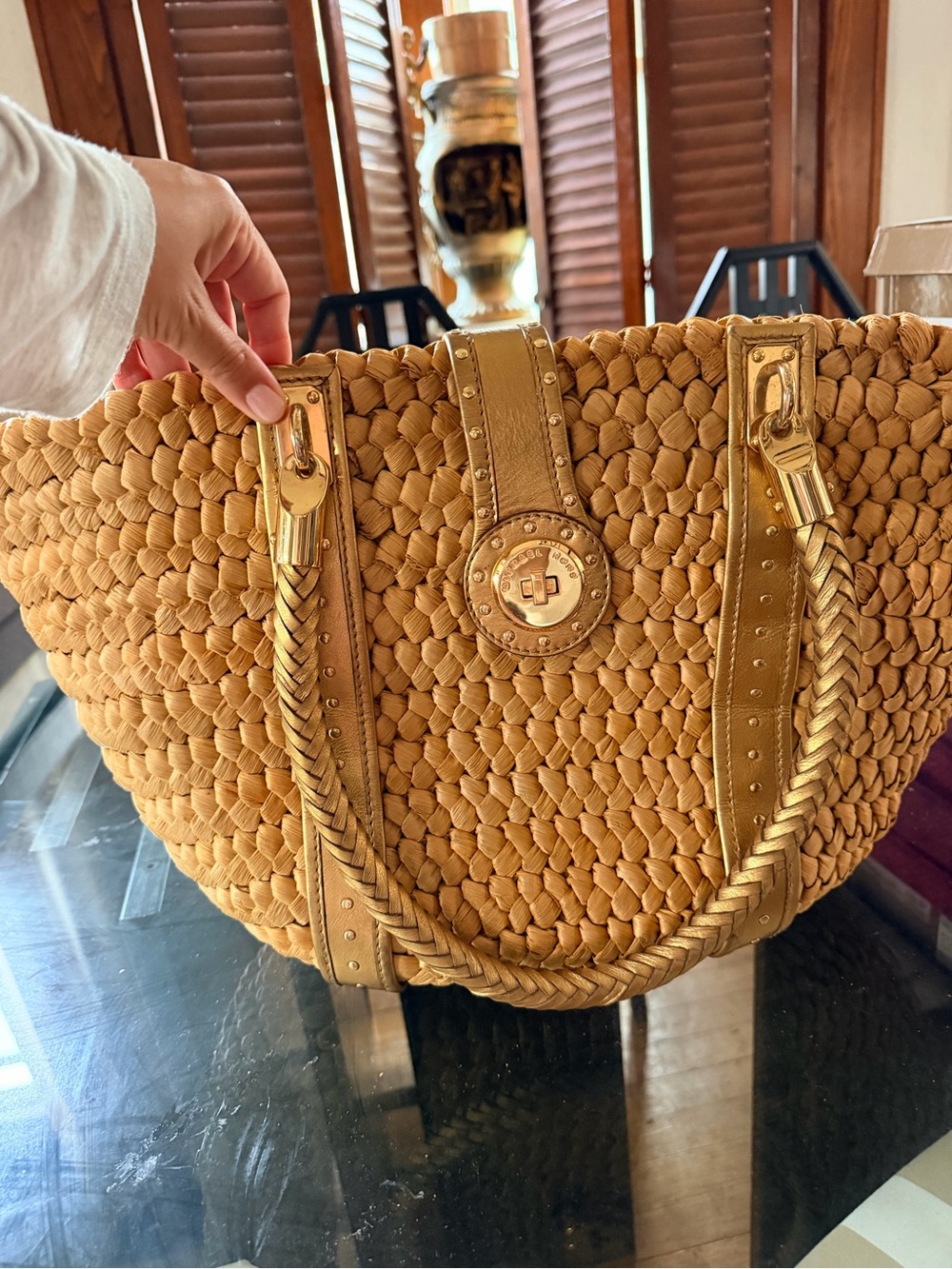 Michael Kors Braided Straw Tote in Mustard with Gold Hardware